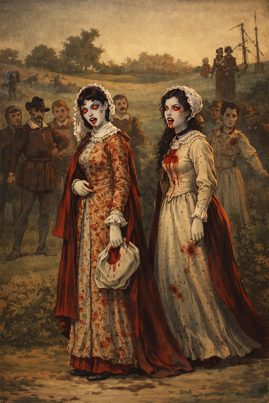 Victorian-era vampire women with red eyes and bloodstained dresses stand in a grassy field, surrounded by shocked onlookers and a ship in the background.