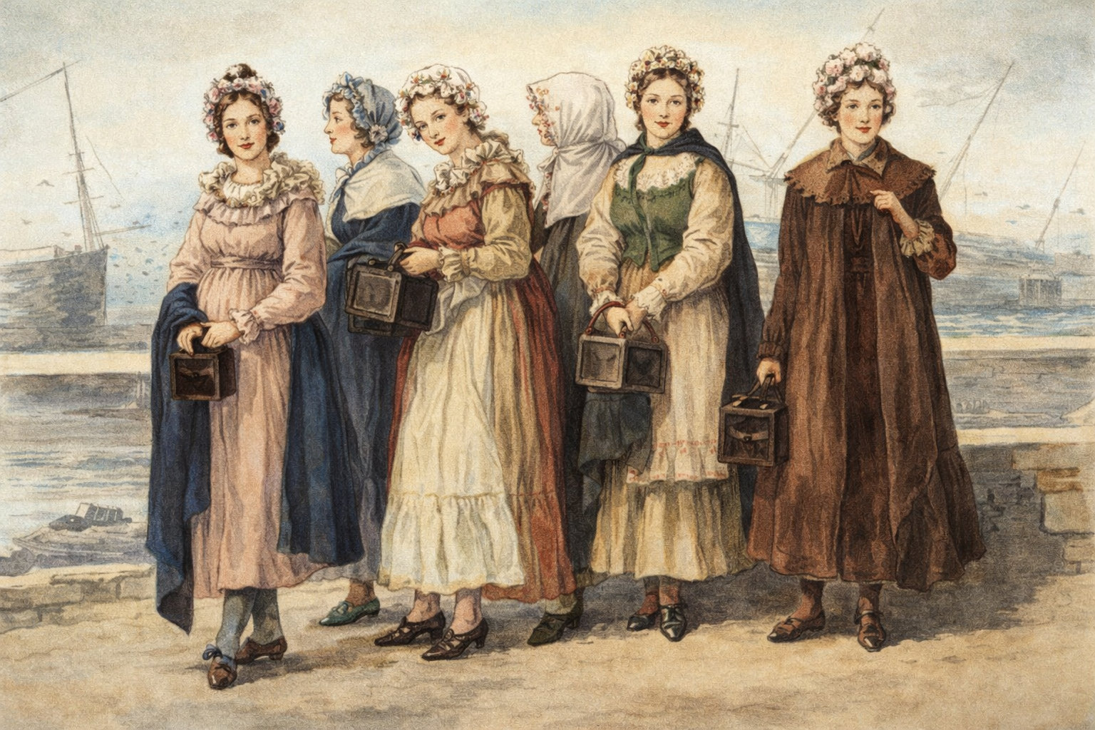 Six women in 18th-century attire, holding lanterns by a harbor. Ships and sea in the background. They appear calm and poised.