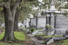 Gravestones and mausoleums in a cemetery with large trees and a paved walkway. The scene is serene and mostly gray with green grass.