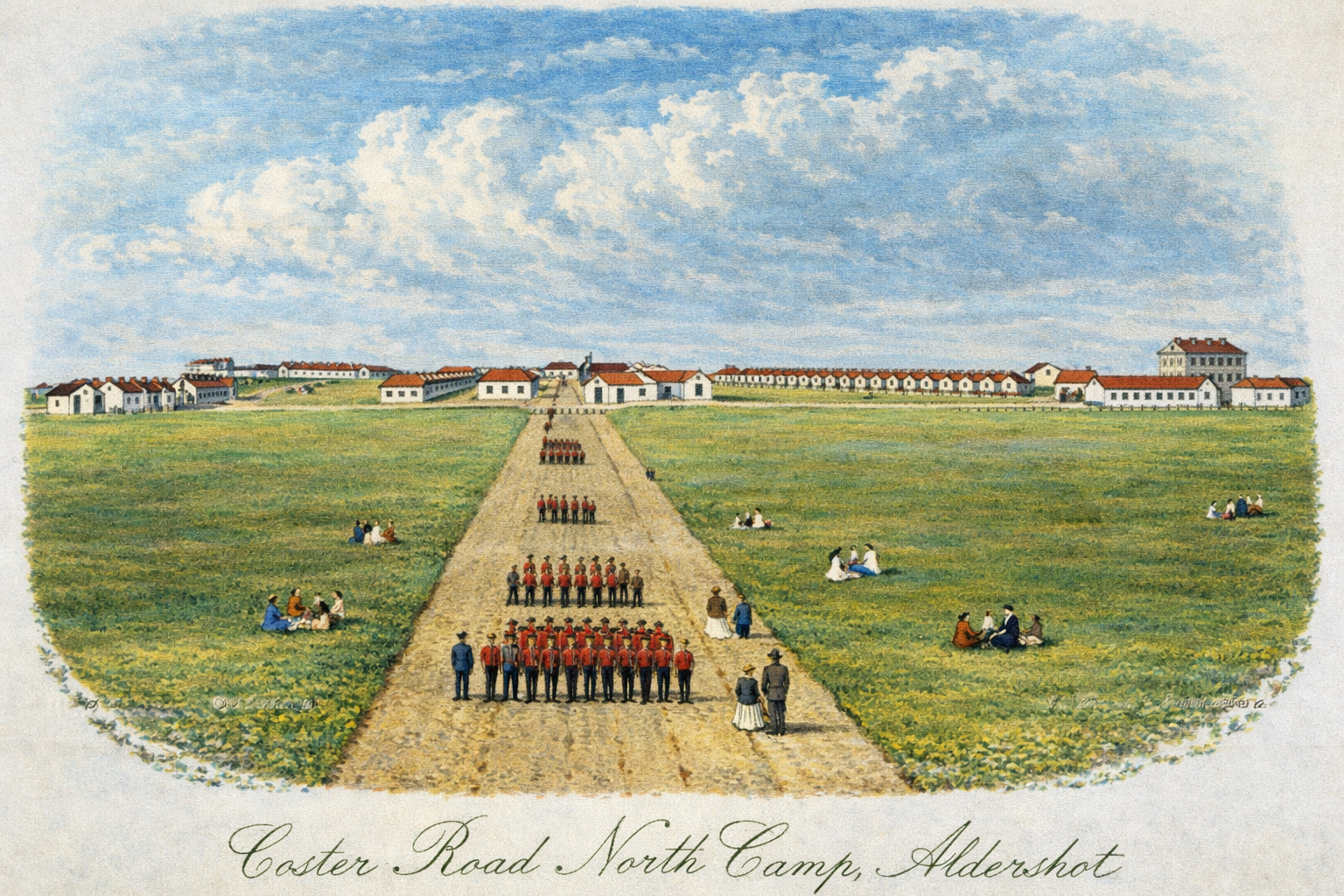 A colorful sketch of a military barracks in Aldershot