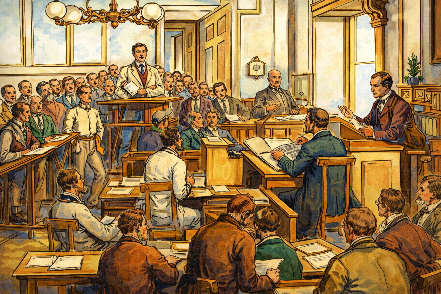A busy courtroom full of citizens