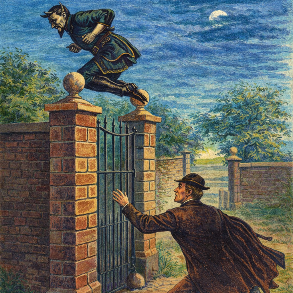 A Victorian Era man jumps over a tall fence while a detective reaches for him.