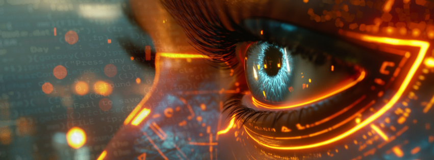 A close up photo of a woman's eye with scifi lights and computer code