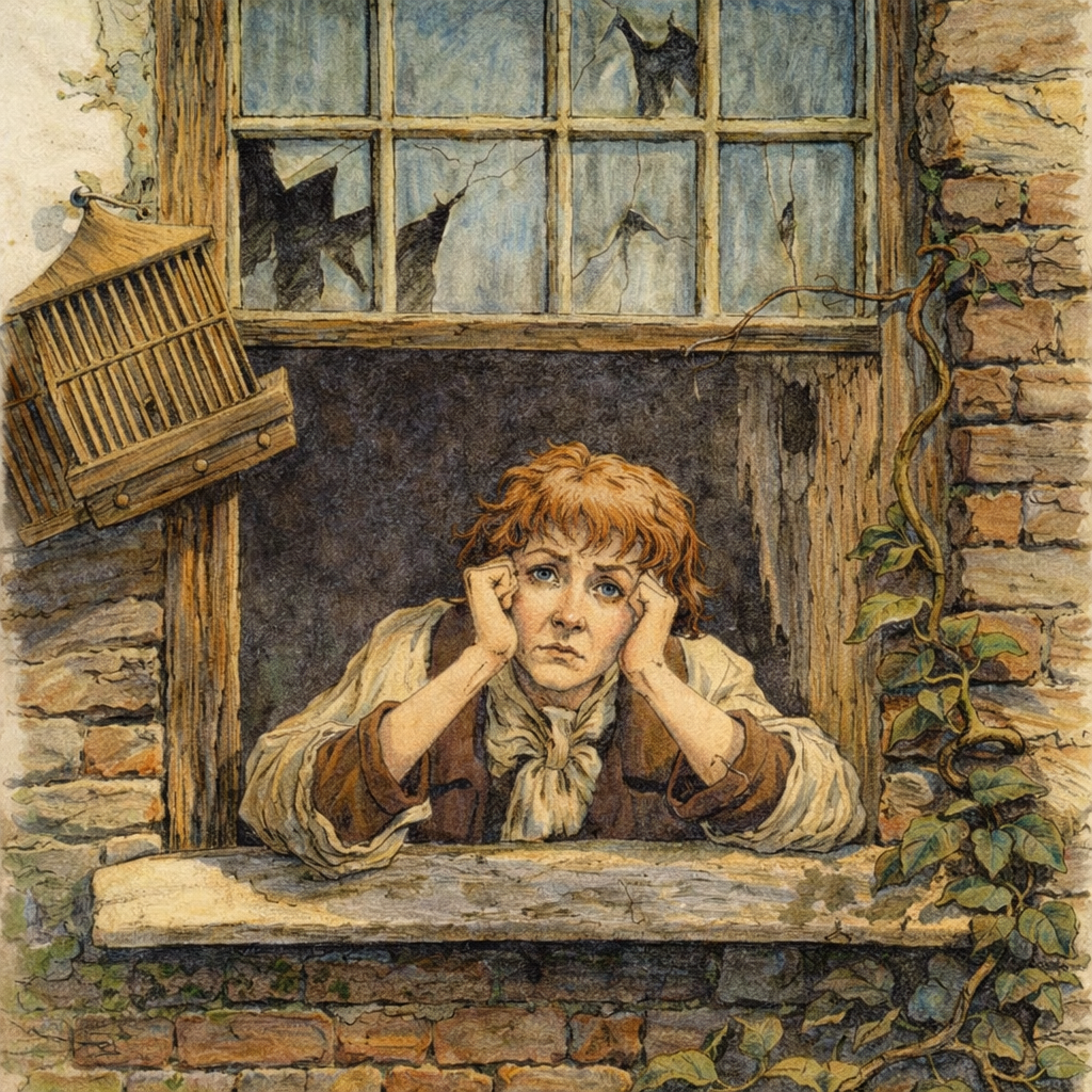 Sketch of a depressed person looking out the window