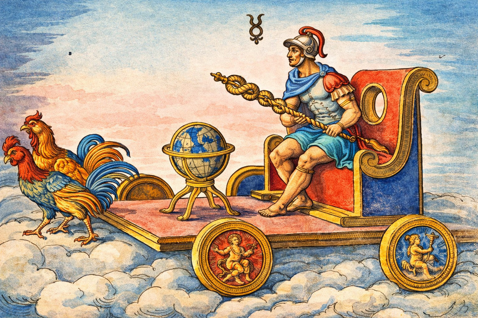 A brightly colored painting depicting the god Mercury on a chariot with a globe and two roosters