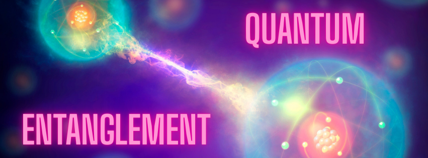 A brightly lit photo of two particles entangled with the words quantum entanglement written in glowing pink letters