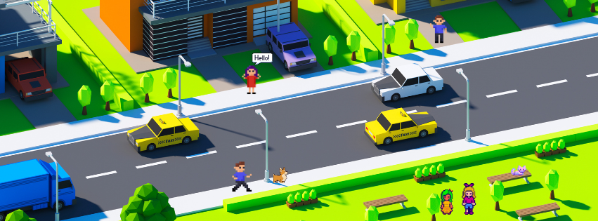 A brightly lit video game simulation of a residential street.