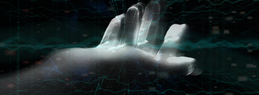 A shadowy hand reaches out from the darkness with quantum waves overlayed