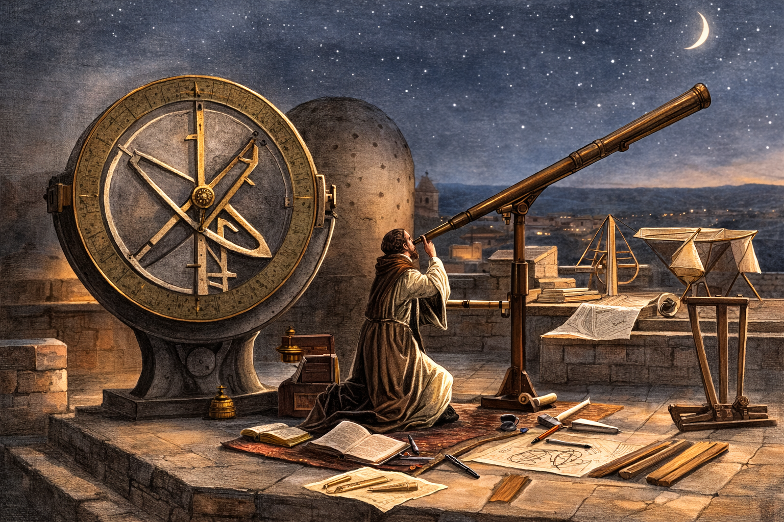 Ancient Greek astrologer on top of a bouilding at night looking through a large gold telescope at the night sky. A cresent moon is in the background.