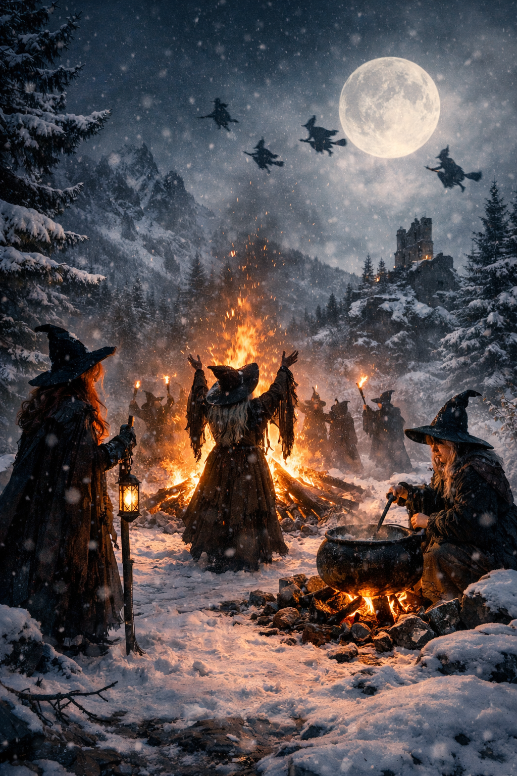 Witches celebrating around a bonfire on a winter night