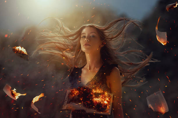 A poerful woman with burning embers floating around her