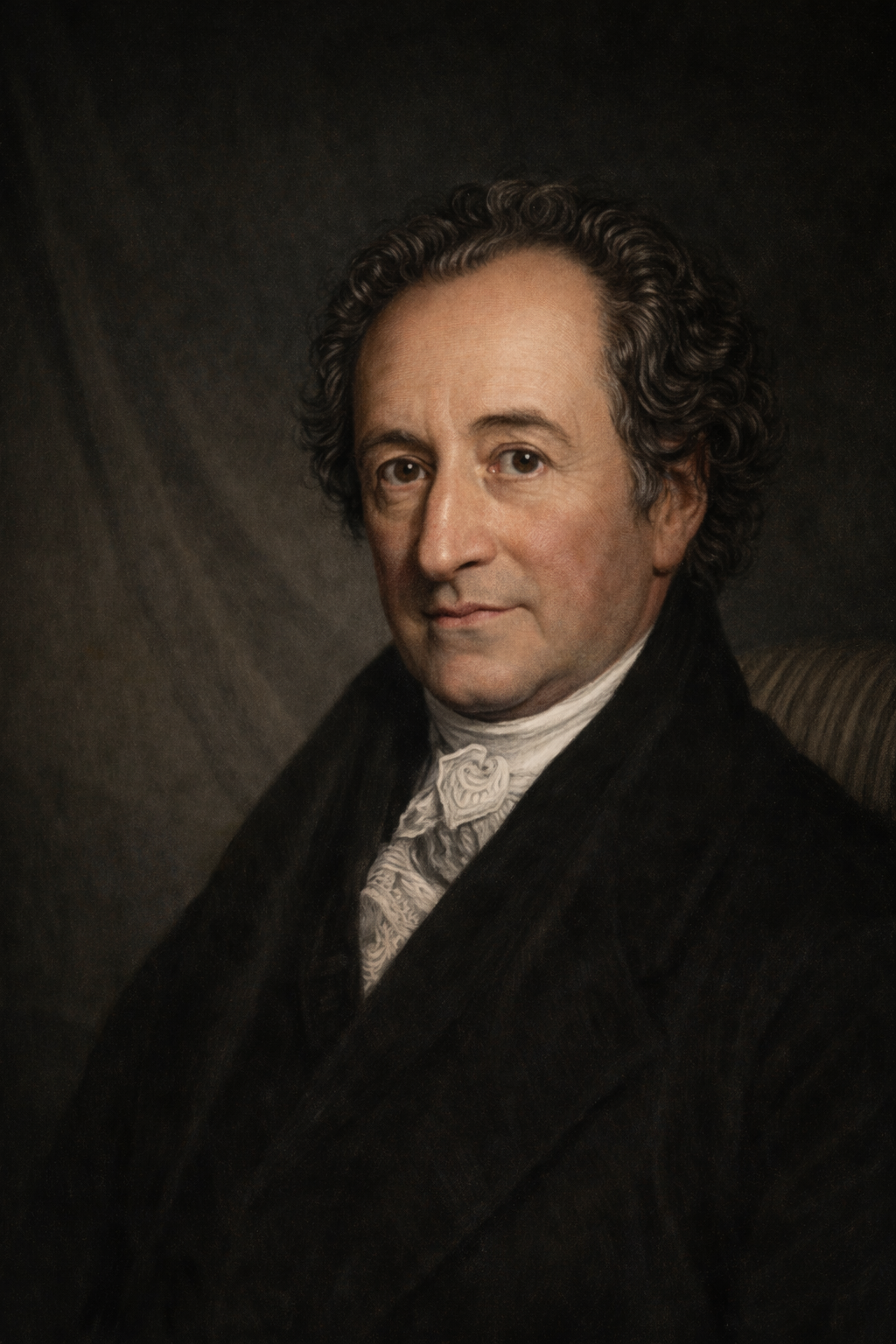 A somber painting of a man with wavy brown hair Goethe