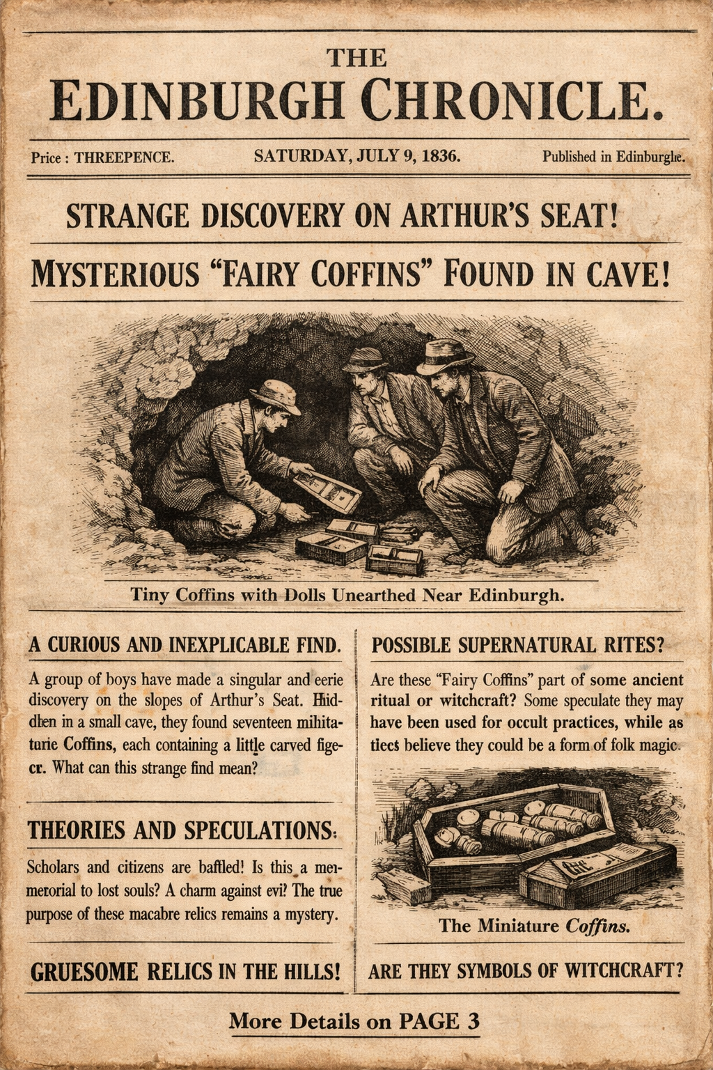 Vintage Newspaper page detailing the discovery of Fairy Coffins