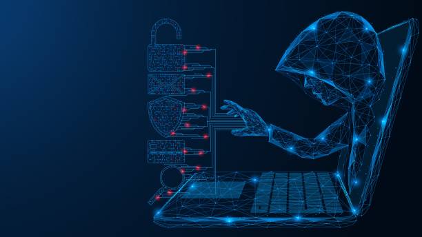 A blue digital rendering of a ghostly figure emerging from a computer