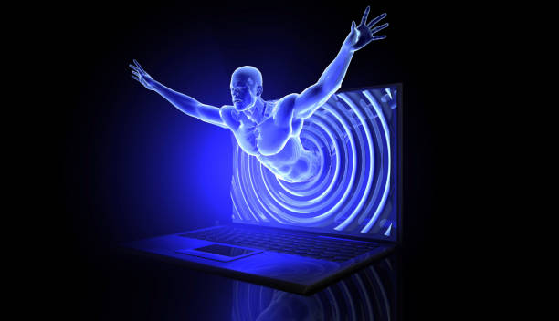 Apurple figure emerging from a computer screen