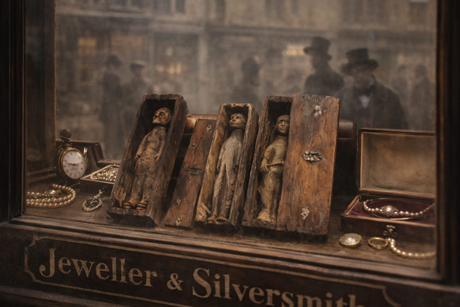 A vintage window display of jewelry and small wooden coffins