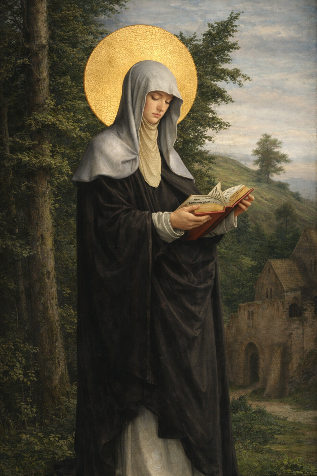 Saint Walpurgia reading a book in the forest with a golden halo above her head