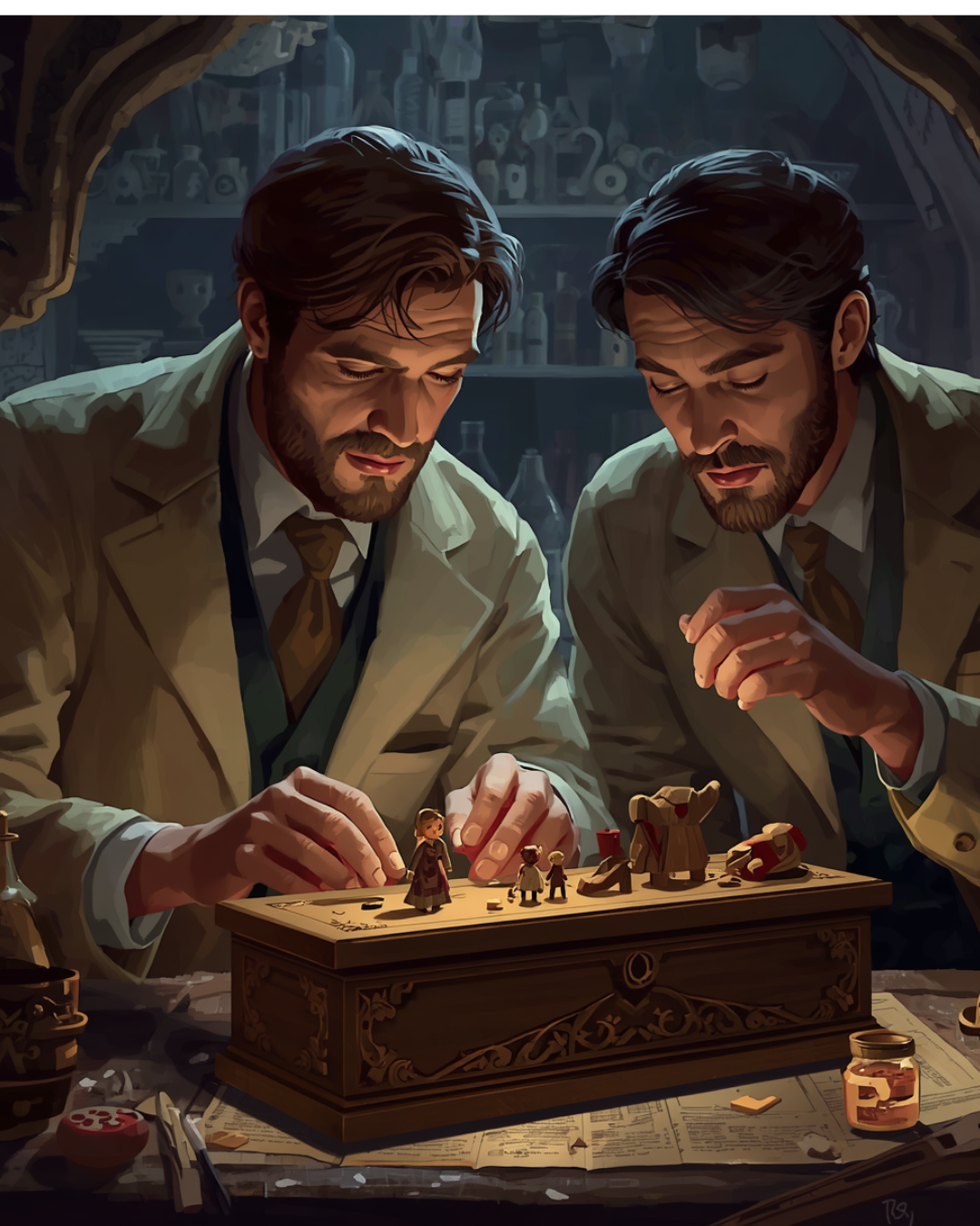 Artist rendition of two men in lab coats examining the wooden coffins and dolls