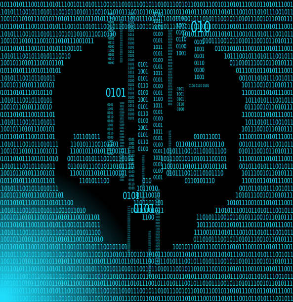 Blue code on a computer screen forming a skull