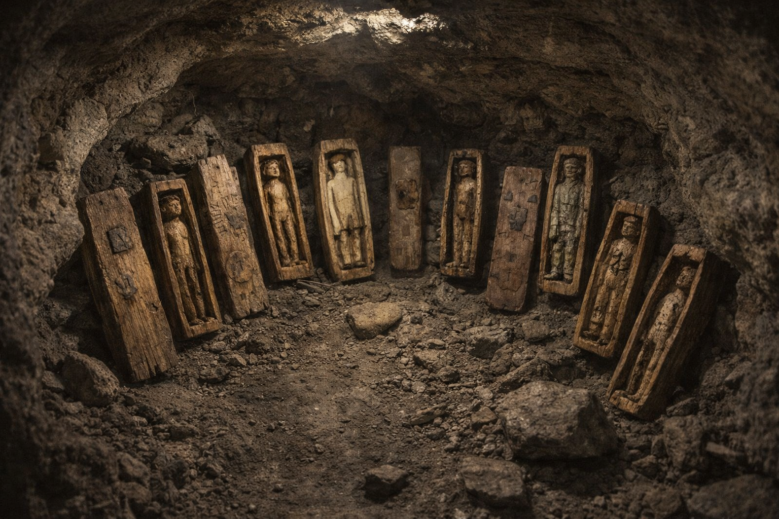 A group of tiny coffins and wooden dolls in a small cave