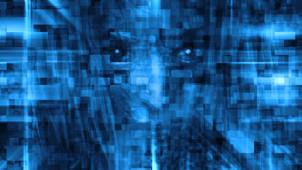 A blue pixilated image of a human face