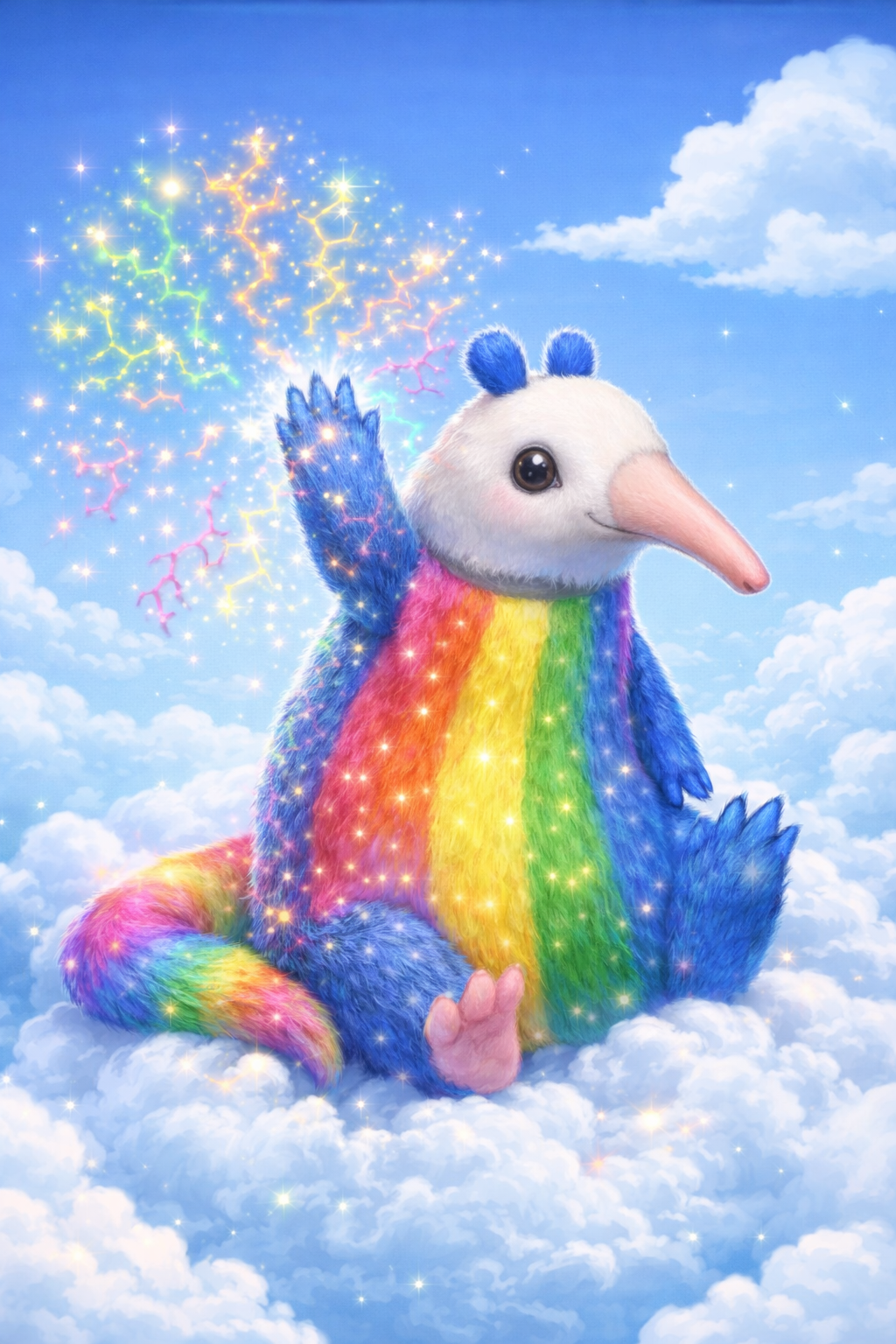 A cute drawing of a rainbow fur animal on a cloud 