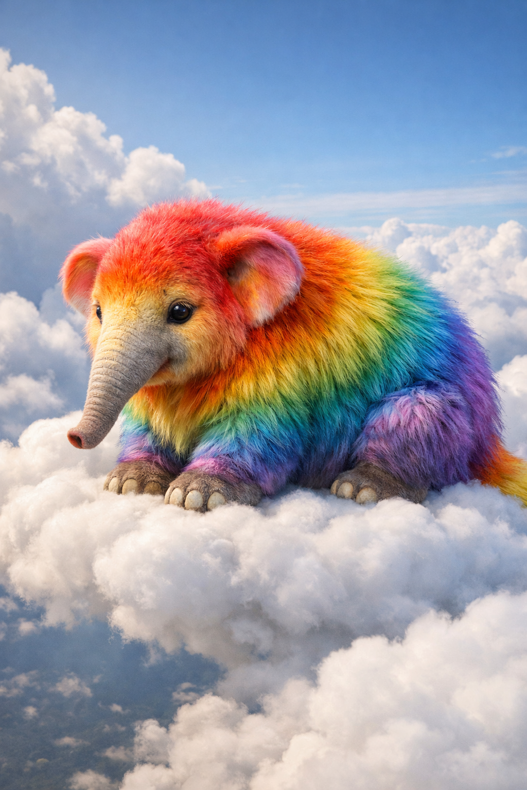 A cute hybrid animal with rainbow fur standing on a cloud
