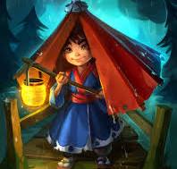 A Japanese child under an umbrella with a lantern