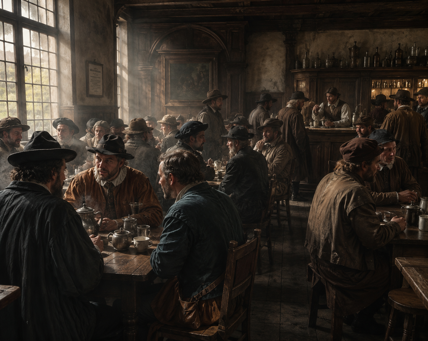 A 1650s image of men gathered in a period coffee shop