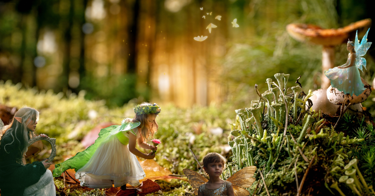 An enchanting woodland scene of fairies
