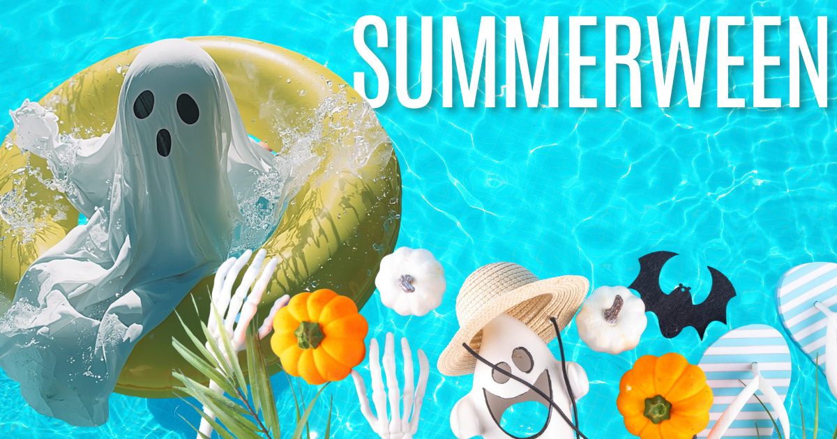 A ghost on a yellow float in a pool with Halloween style border and the words Summerween in white letters