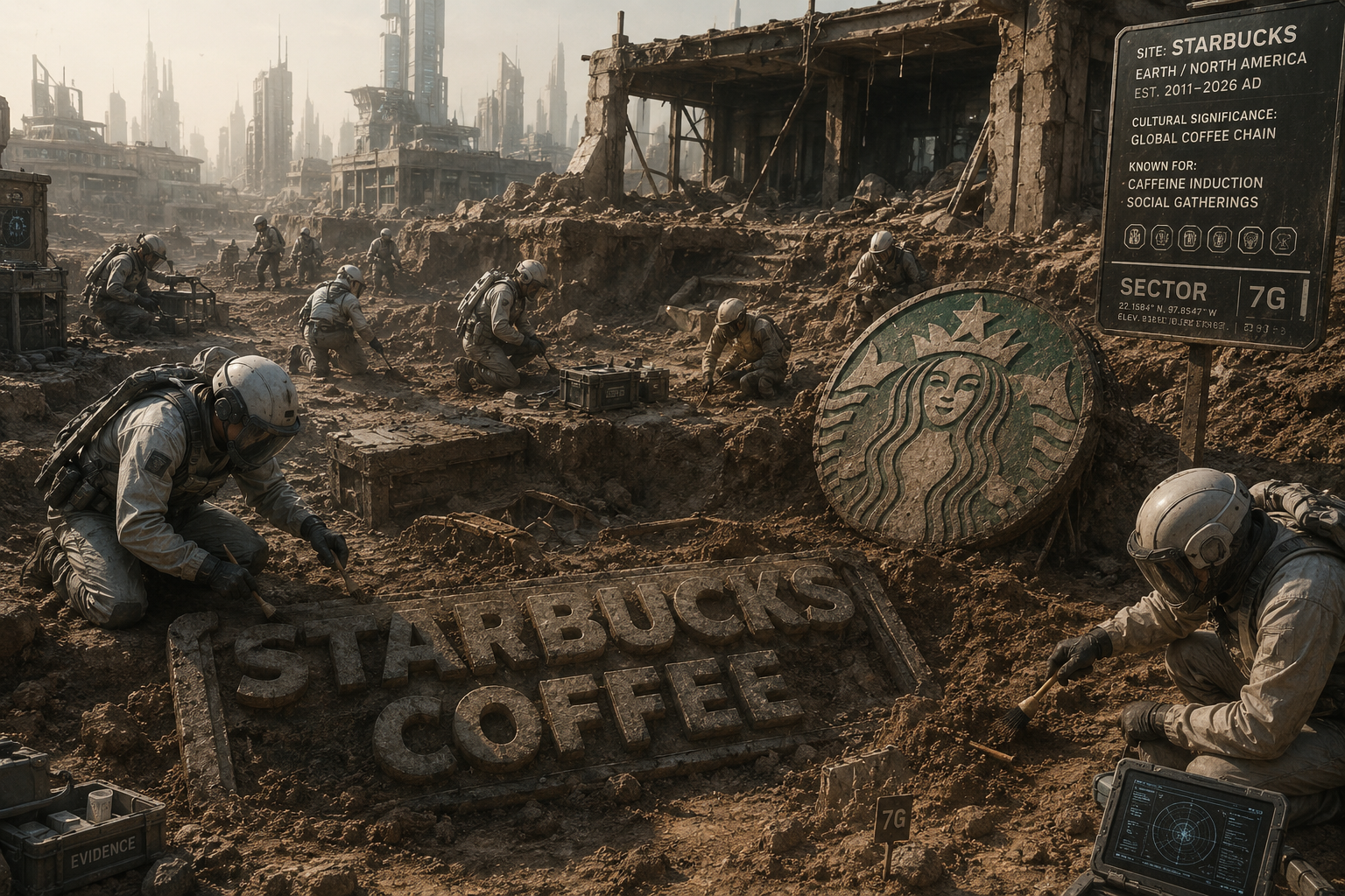 A futuristic scene depicting archaelologists in space uniforms conducting an excavation of a 2026 coffee shop
