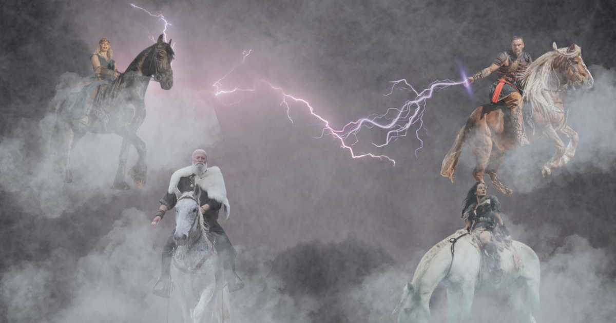 A group of Norse gods riding horses in the sky through a thunderstorm