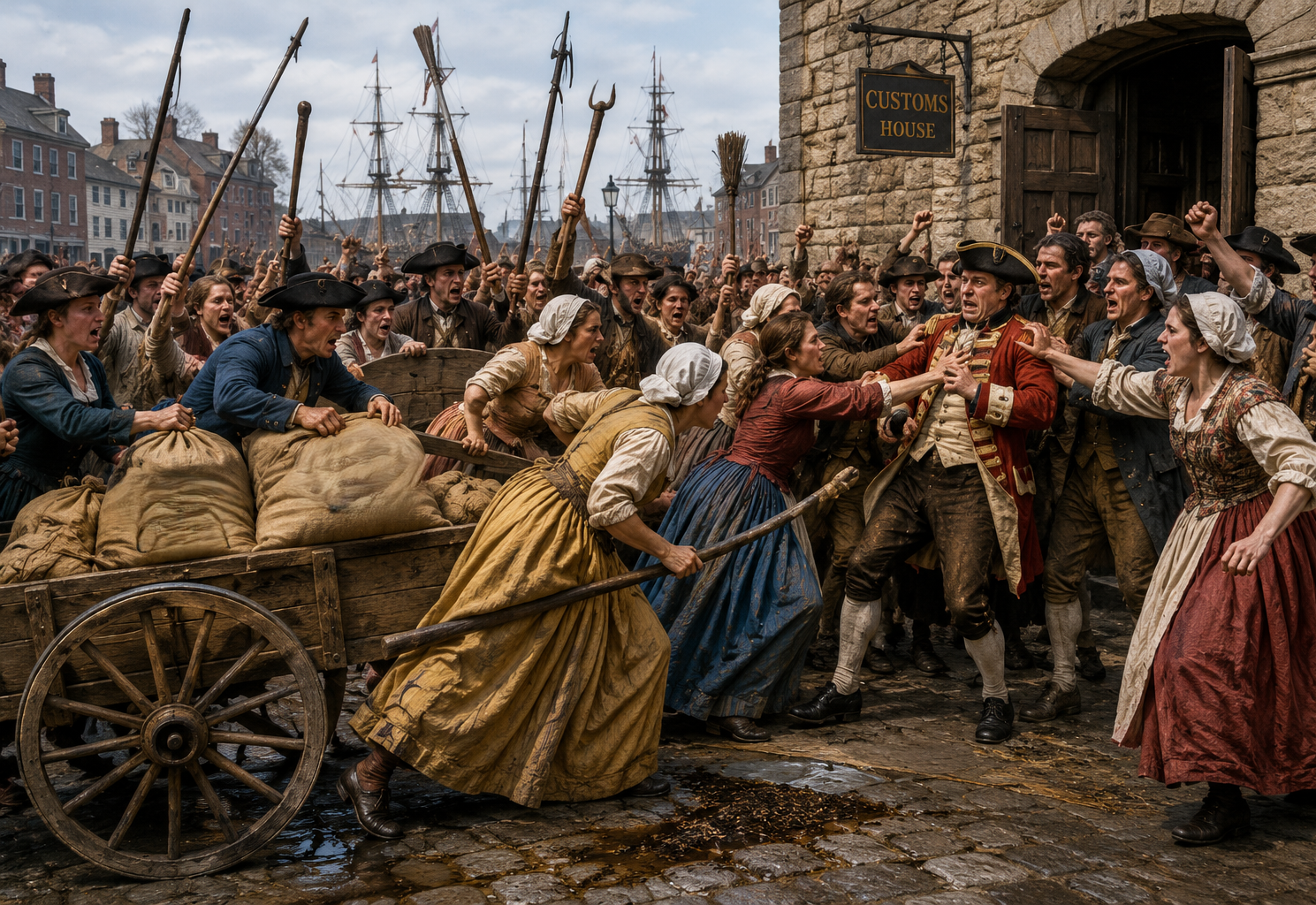 A group of people in the 1700s angrily demanding coffee