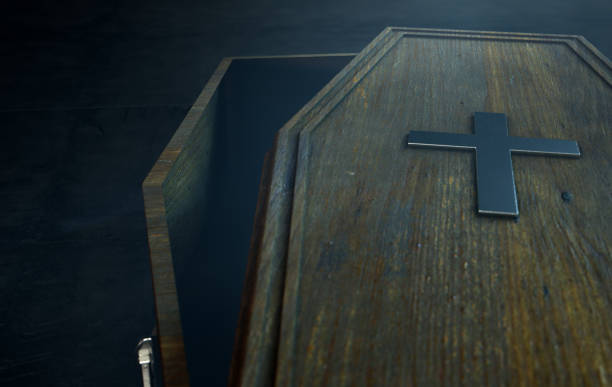 A toe pincher style coffin with the lid slightly ajar