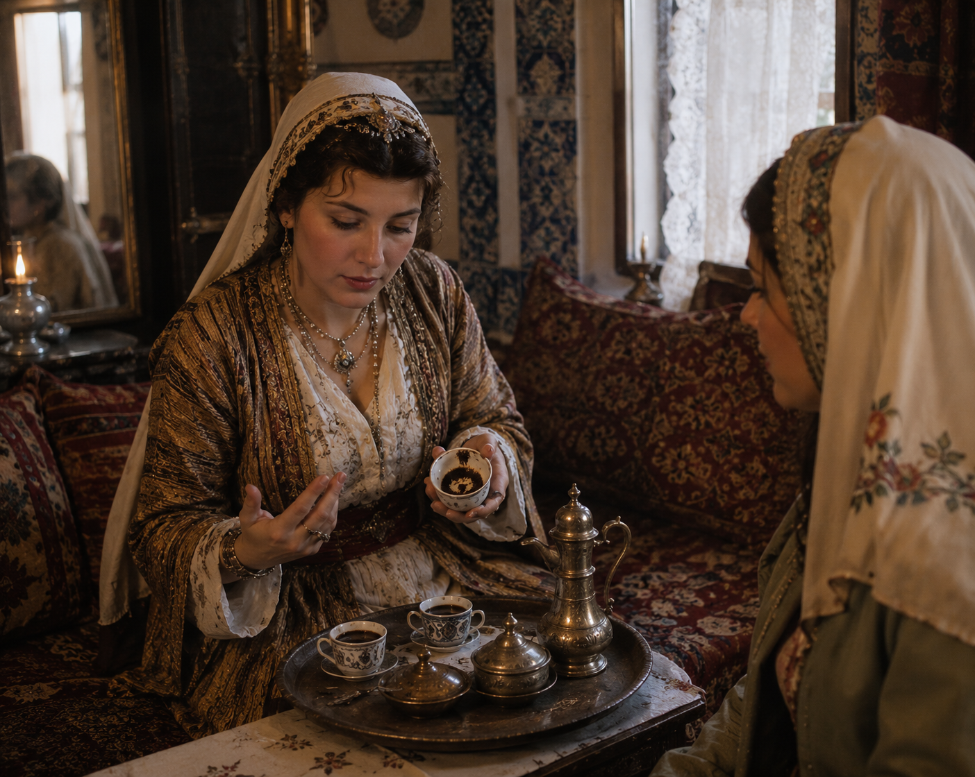 Two Ottoman women sit in a parlor reading coffee grounds