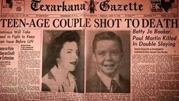 An old newspaper clipping with the headline teen-age couple shot to death