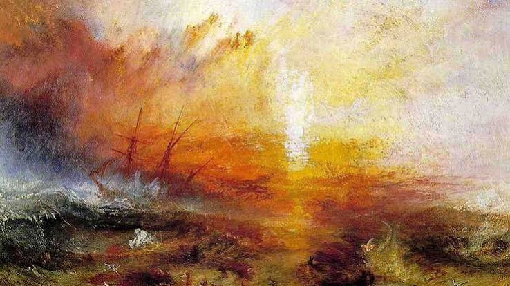 An artistic rendering of a ship at sea with a glowing red sky