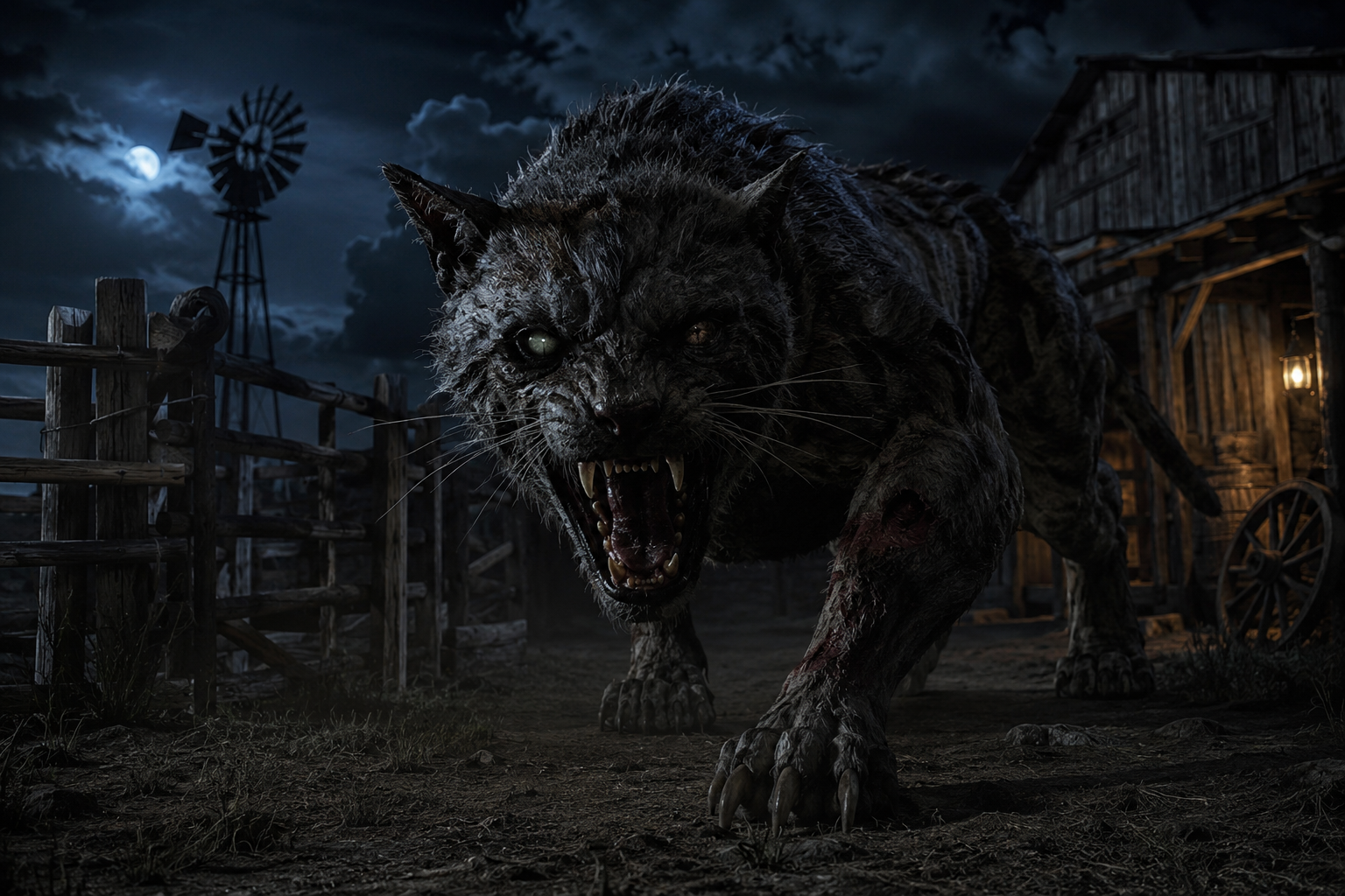 Image of a vampire cat at night on a farm