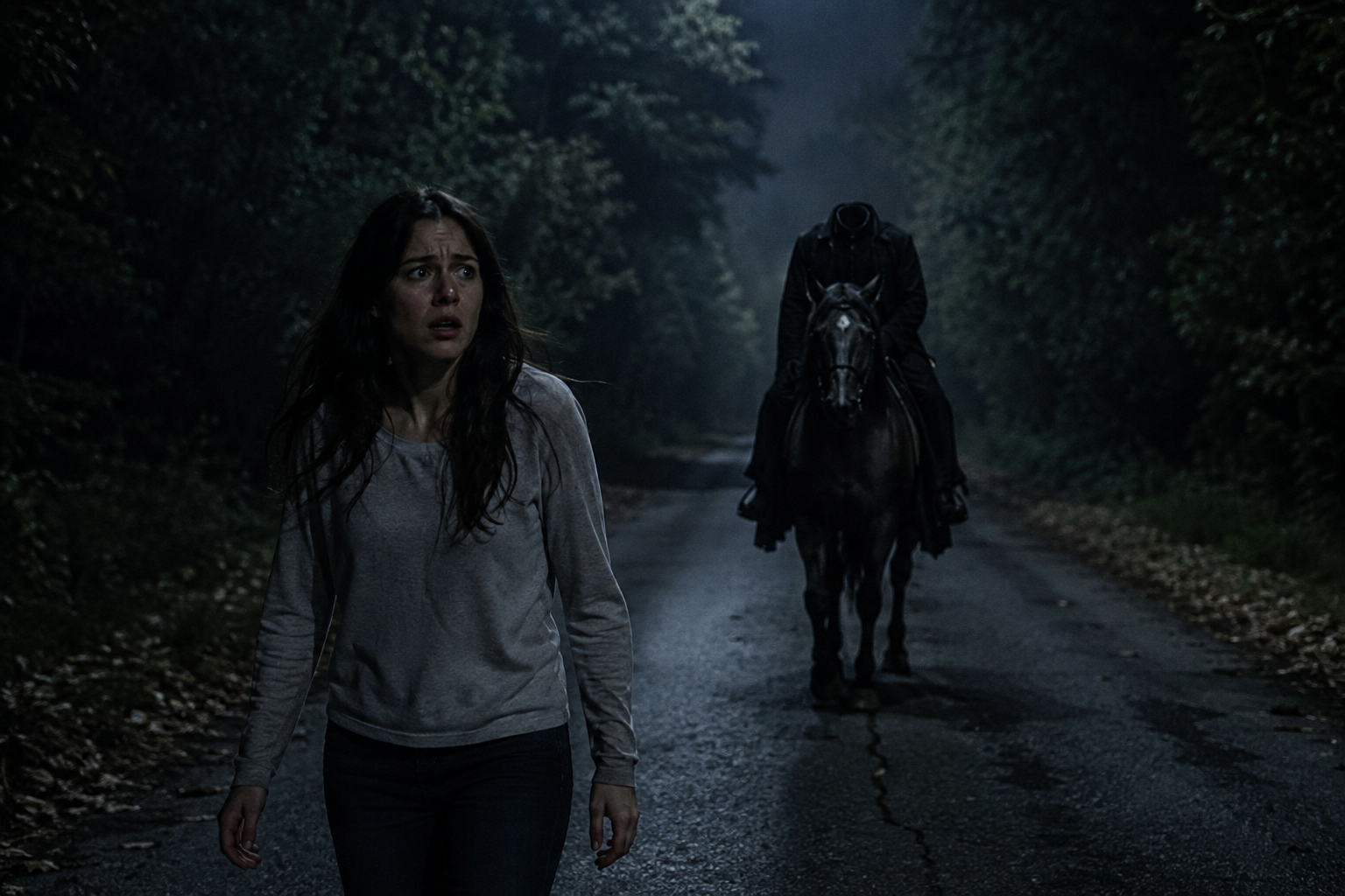 A frightened woman walks down a dark deserted street with the headless horseman right behind her