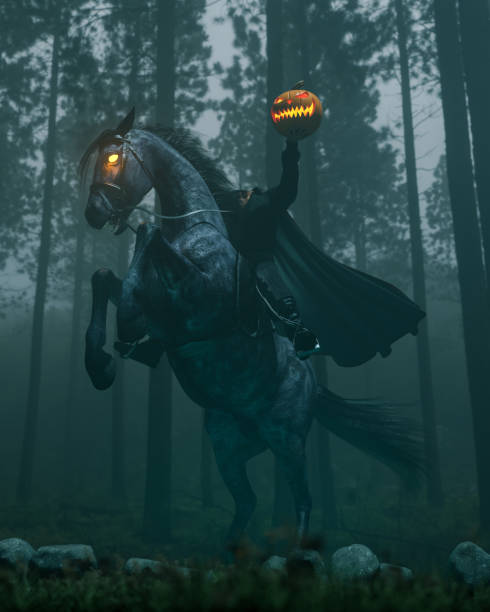 A dark forest with a black horse on two legs. A headless rider is on its back holding aloft a glowing jack-o-lantern