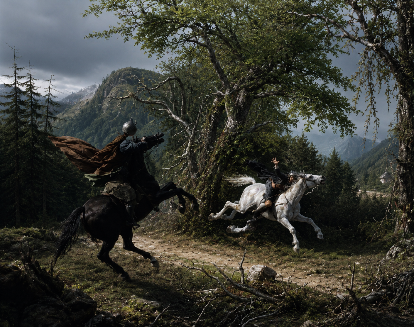An image of a headless horseman chasing a man on a horse