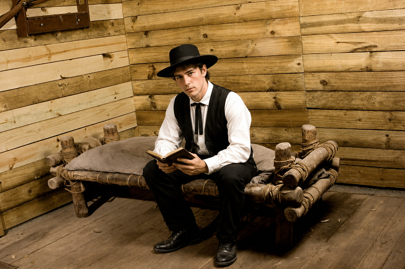 A young man sits on a bed in a wooden room