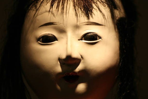 Close up image of the face of a Japanese doll