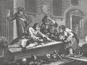 A street scene drawing of a group of people on top of a coffin