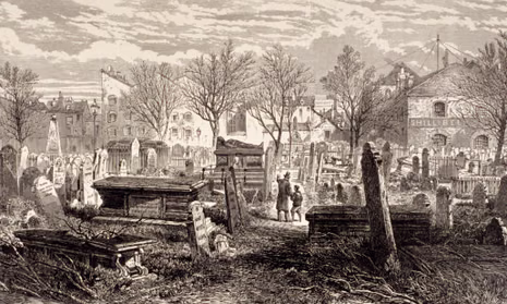 Sepia toned drawing of a overflowing cemetery