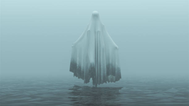 A haunting image of a sheet draped figure rising from the water in a hazy blue mist