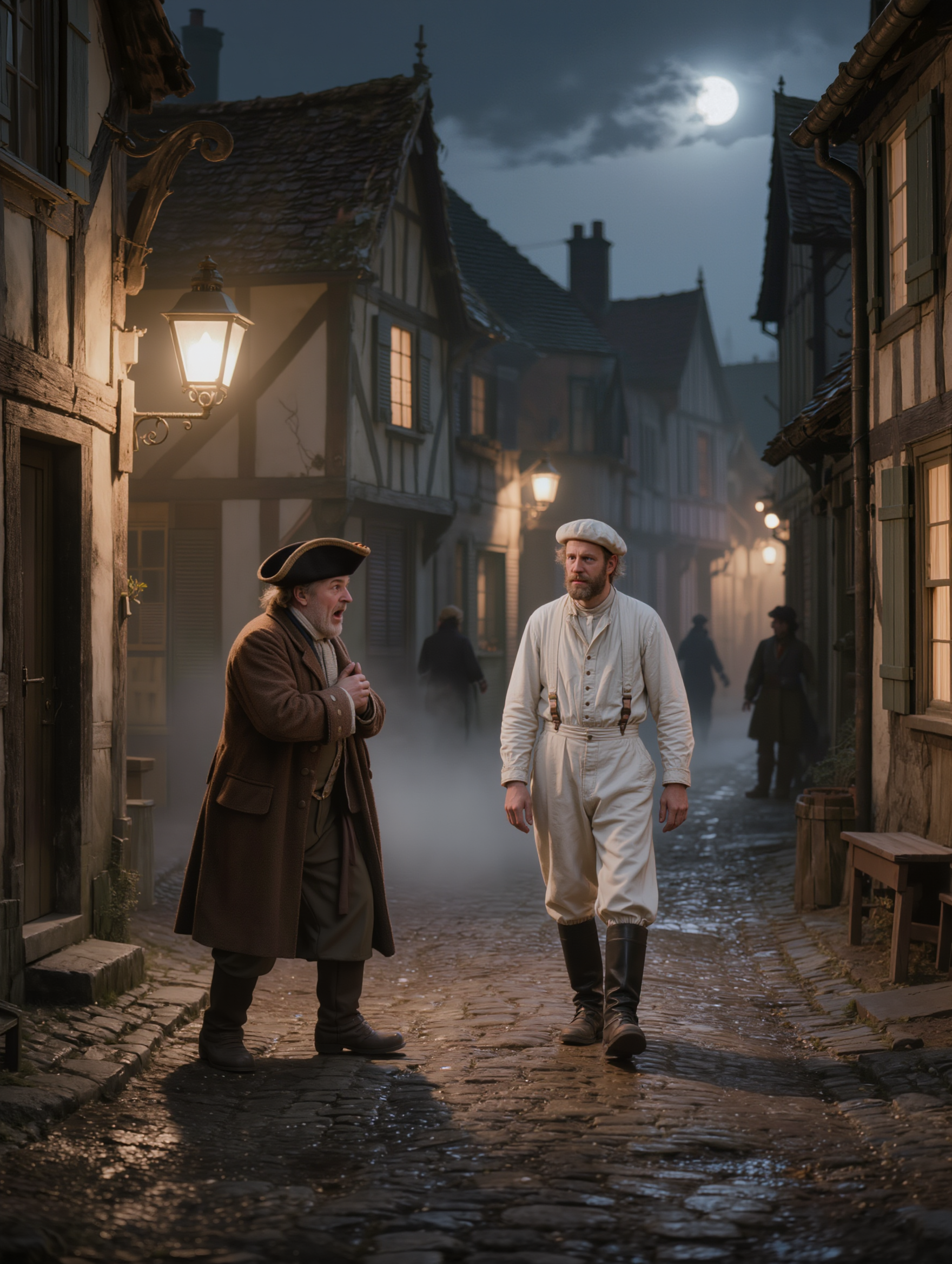 An old village street a man walks in traditional painters uniform frightening a passerby